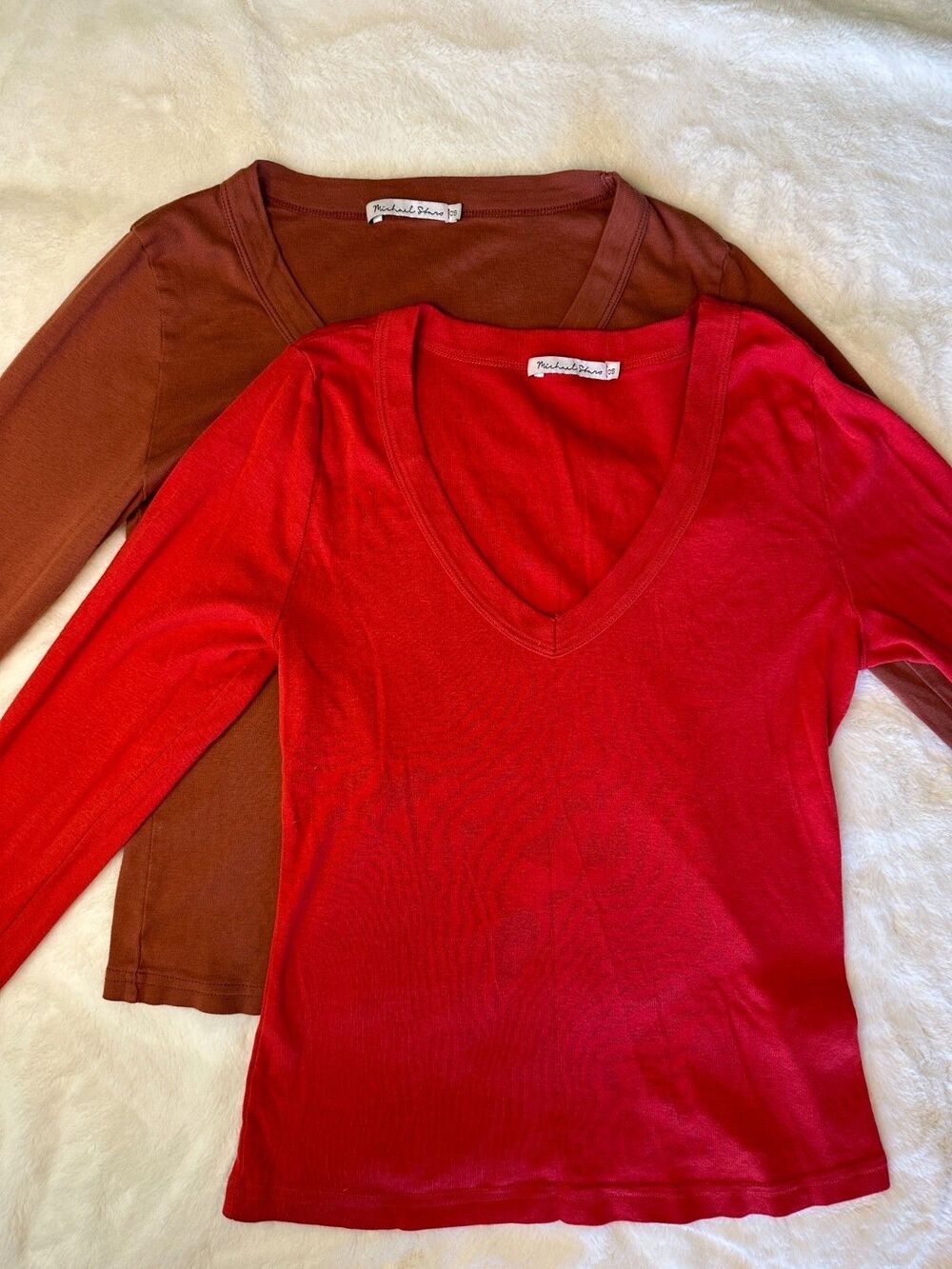 Lot of (2) Michael Stars OS V Neck Molly Supima Cotton Long Sleeve Tees Basics